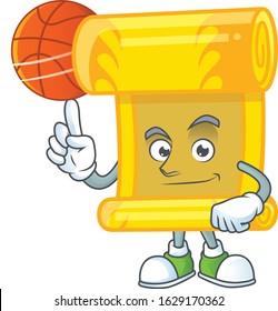 a Healthy chinese gold scroll cartoon character playing basketball