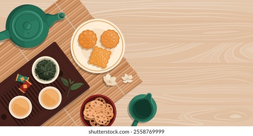 Healthy Chinese green tea, tea set and traditional sweets, healthy lifestyle and cultures concept, top view