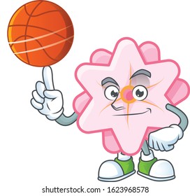 a Healthy chinese pink flower cartoon character playing basketball