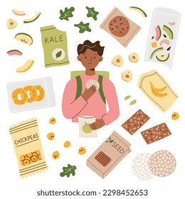 Colección de chips saludables dibujados a mano, bocadillos veganos para niños después de la escuela, frutas secas, nueces e íconos de doodle, ilustraciones vectoriales de chips de kale, garbanzos asados, galletas de arroz