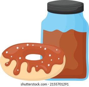 Healthy Chocolate Breakfast Donuts Concept, doughnut with choco milk jar vector color icon design, Cooking breakfast symbol, Morning Meal Dishes Sign, Restaurant or cafe menu stock illustration