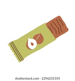 Healthy chocolate candy bar icon, vector doodle illustration of vegan nutritious snack, hazelnut dessert on the go, open package, isolated colored clipart on white background