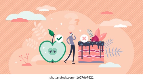 Healthy choices concept, flat tiny person vector illustration. Goals and plan for fit body and rich nutrition power. Daily food challenge avoiding tempting sweets and fast food. Weight loss program.