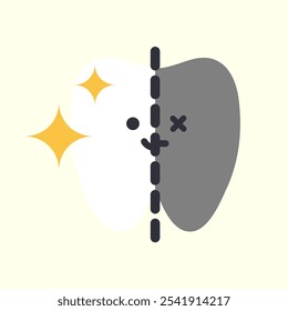 Ícone de comparação entre dentes saudáveis limpos e doentes com decomposição. Saúde, odontologia, medicina, tratamento, higiene, conceitos de cuidados bucais. Desenho animado plano personagem vetor design ilustração isolada.