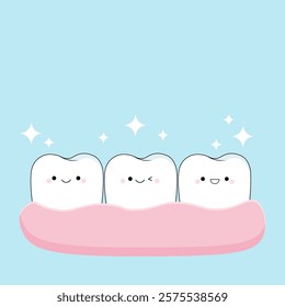 Healthy and clean teeth with kawaii emotions. The concept of pediatric dentistry, oral care