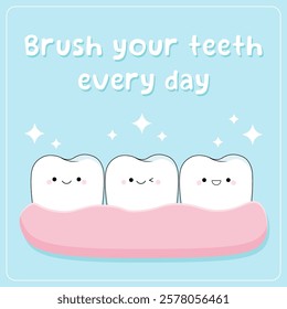 Healthy and clean teeth with kawaii emotions. Educational children's poster about brushing teeth. Banner for a children's clinic