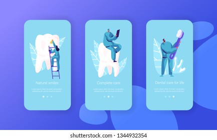 Healthy Clean White Teeth Mobile App Page Onboard Screen Set. Natural Smiles Complete Care Dental for Life. Dentist Consultation Website or Web Page. Flat Cartoon Vector Illustration