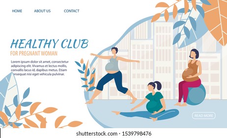 Healthy Club for Pregnant Women Trendy Flat Vector Web Banner, Landing Page Template. Waiting Childbirth, Pregnant Ladies Doing Physical Exercise on Fitness Ball, Stretching, Squat in Gym Illustration