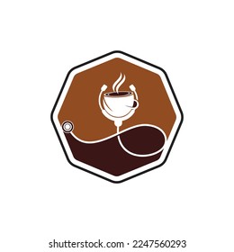 Gesunder Kaffee, Vektorlogo-Design. Ärzte Stethoskop mit Logo-Design für Kaffeetasse.	