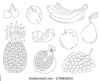 colección saludable de frutos dibujados a mano. pera, manzana, cereza, trozo de granada, fresa, uva, plátano y piña para su página de color