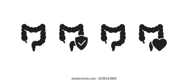 Healthy colon icons: wellness, protection, care, heart health symbols.
