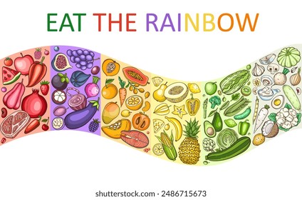 Healthy color diet infographics. Rainbow of healthy products. Diagram of healthy food for health and beauty. Vector illustration