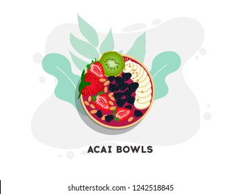 Healthy and colorful breakfast acai smoothie bowl with fruit toppings. Berry smoothie bowl with chia seeds, bananas, kivi,  blackberry and raspberries on white background. Healthy summer meal