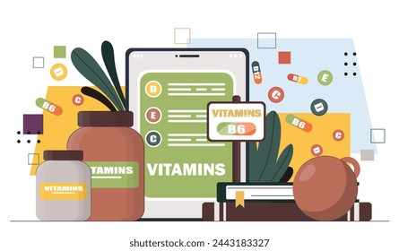 Healthy complex concept. Natural and organic supplements and vitamins for healthy and active lifestyle. Health care and medicine. Cartoon flat vector illustration isolated on white background