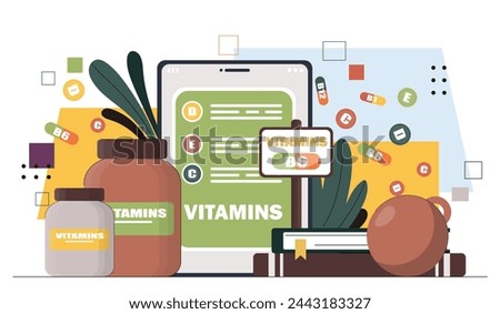 Healthy complex concept. Natural and organic supplements and vitamins for healthy and active lifestyle. Health care and medicine. Cartoon flat vector illustration isolated on white background