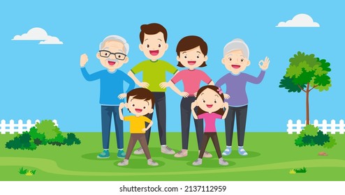 Healthy concept illustration of family ,Big happy family exercising together with HEALTHY Word letter in public park.