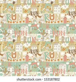 Healthy concept seamless pattern in vector. Girl running in the city. Seamless pattern can be used for wallpapers, pattern fills, web page backgrounds, surface textures.