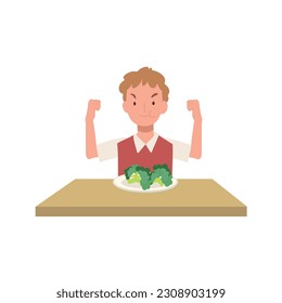 healthy concpet. A young happy boy eating vegetable and got strong by showing fist strong muscle. Flat vector cartoon illustration