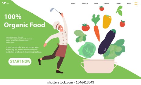 Healthy cooking concept. Happy Chef Character Healthy Organic Food Isolated. Eco Nutrition It can be a landing page or a sticker Social Media Blogger Flying vegetables Flat Cartoon Vector Illustration