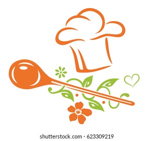 Healthy cooking, cooking hat with cooking spoon, heart, leaves and flowers.