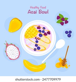 Ingredientes de cocina saludables, deliciosa fruta mixta Rica en vitaminas Vista superior del tazón de comida. Acai en un batido en un tazón. Ilustración vectorial de fondo claro para la decoración del menú de alimentos. Fácil de editar.