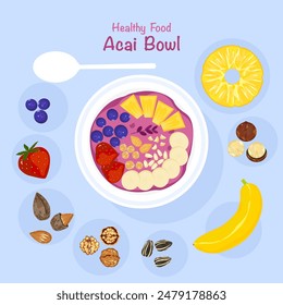 Healthy cooking ingredients, delicious mixed fruit Rich in vitamins Top view of food bowl. Acai on a smoothie in a bowl. Light background vector illustration for food menu decoration. Easy to edit.
