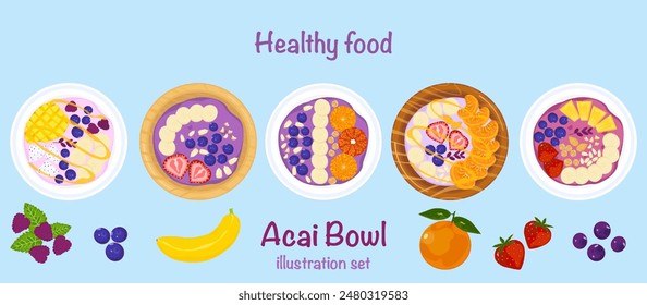 Healthy cooking ingredients, delicious mixed fruit Rich in vitamins Top view of food bowl. Acai on a smoothie in a bowl. Light background vector illustration for food menu decoration. Easy to edit.