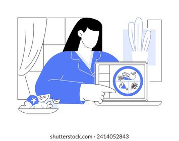 Ilustraciones de vectores de dibujos animados aislados de cocina saludable. Mujer sonriente tomando cursos en línea de nutricionistas usando laptop, educación a distancia, estilo de vida saludable, caricatura de vectores de comida y bebida.