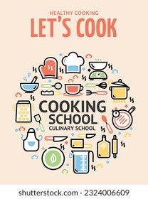 La Cocina Saludable Permite Cocinar En La Escuela Culinaria Placard Cartel De Carteles Con Diferentes Elementos De Línea Delgada. Ilustración del vector