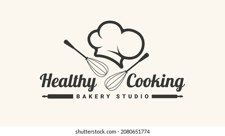 Healthy Cooking logo with chef hat and whisk. Vector illustration logotype for restaurant.