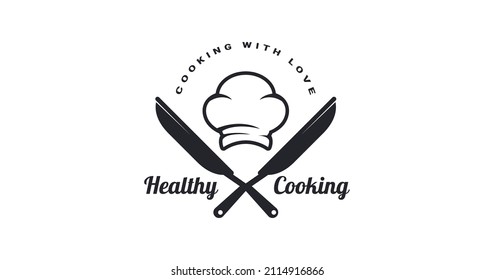 Healthy cooking logo with Chef hat, lettering an too pans. Kitchen phrases. Vector illustration