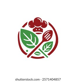 Healthy Cooking Logo with Chef Hat, Green Leaves, and Spoon Icon.