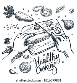 Healthy cooking, meal preparation process vector sketch illustration. Human hands cut carrots with knife on cutting board. Hand drawn calligraphy lettering and sliced vegetables