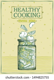 Healthy cooking menu plan, graphic illustration with fruits and vegetables in a glass jar, proper balanced nutrition concept