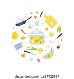 Healthy Cooking Seamless Pattern of Round Shape with Kitchen Utensils and Fresh Products Vector Illustration