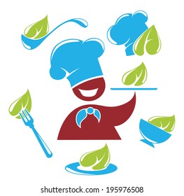 healthy cooking symbols, food and chef silhouettes, vector collection emblems for your emblems