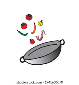 healthy cooking, wok pan with tomato, chilli, and shrimp. flying foodstuff on wok. hand drawn vector. white background. doodle art for advertising, poster, logo, clipart, sticker, banner, flyer. 