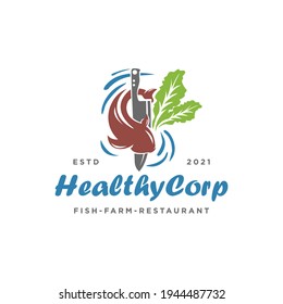 Healthy Corp Logo Design Inspiration - Isolated vector Illustration on white background - Creative and fresh logo, icon, symbol, sticker combination featuring mustard greens, knife, water, and fish