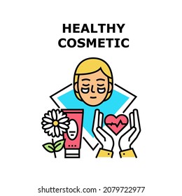 Healthy Cosmetic Vector Icon Concept. Healthy Cosmetic Prepared From Natural Aromatic Flower And Herb For Heart Care And Moisturizing Facial Skin. Healthcare Cosmetology Color Illustration