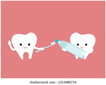 healthy couples tooth are brushing teeth, girl is holding toothbrush and boy squeezing toothpaste - dental cartoon vector flat style cute character for design