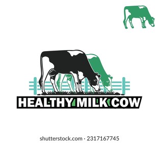 HEALTHY COW MILK LOGO, great dairy cattle eating grass vector illustrations
