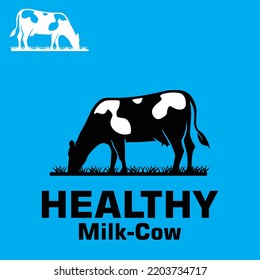 HEALTHY COW MILK LOGO, silhouette of great dairy  milk eat grass, vector illustrations