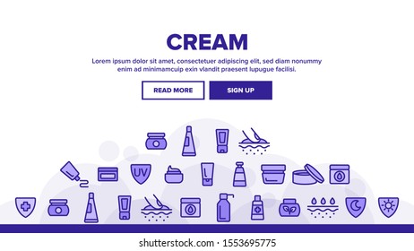 Healthy Cream Landing Web Page Header Banner Template Vector. Healthcare Cream In Tube And Container Concept Linear Pictograms. Day And Night Skin Protection Illustration