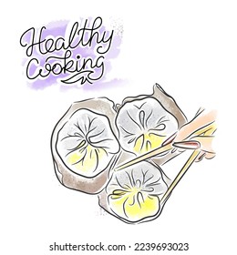 Healthy cuisine, inscription, khinkali, hand with chopsticks, Asian food illustration, watercolor, doodle