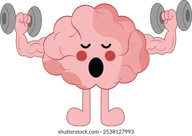 Carácter lindo sano del cerebro que hace ejercicio de los ejercicios del deporte entrenamiento de la aptitud con las mancuernas, dibujos animados del cerebro hacen ejercicio con la mancuerna de la elevación