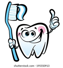 Healthy cute cartoon tooth character making a thumb up gesture while smiling happily and holding a dental tooth brush with tooth paste