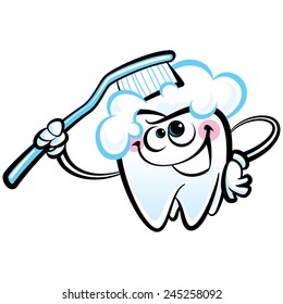 Healthy cute cartoon tooth character smiling happily holding a dental tooth brush and brushing itself