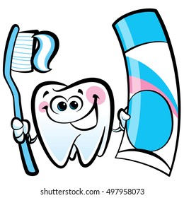 Healthy cute cartoon tooth character smiling happily and holding a dental tooth brush and tooth paste