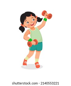 Healthy cute little girl doing sport exercises fitness workout with dumbbells