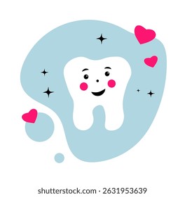 A healthy, cute tooth with a smile on a white background. Stomatology